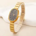 Elegant women oval quartz watch with gold tone metal steel strap and black dial detail. - Black Dial Style (251218)