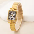 Schicke Damenuhr in quadratischer Form mit Leo-Zifferblatt und goldenem Bambus-Gliederarmband. - Gold Leoparden-Zifferblatt-Stil (hh637) / Gold