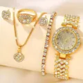 Set gioielli orologio donna strass oro orologio quarzo collana anello orecchini bracciale - Set Gioielli 5 Pezzi (45) / Oro