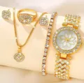 Elegante set di orologio e gioielli in strass dorato con collana, anello, orecchini e bracciale. - Set Gioielli 5 Pezzi (46) / Oro