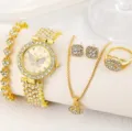 Lussuoso orologio con strass dorati e set di gioielli da donna, collana e anello di cristallo. - Set Gioielli 5 Pezzi (47) / Oro