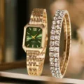 Orologio da polso al quarzo da donna dorato con quadrante verde e bracciale luminoso set. - Set Orologio Quadrato Verde Vintage Dorato (N. 3)