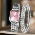 Orologio al quarzo donna e bracciale set quadrante rosa catena in lega moda elegante. - Set Orologio Rettangolare Rosa in Lega Argentea (N. 5)