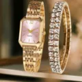 Orologio da polso al quarzo dorato da donna set di bracciali in cristallo catena in lega moda - Set Orologio + Bracciale / Rosa