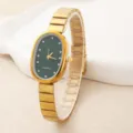 Elegant oval quartz watch with dark green dial and gold-toned metal strap for women. - Dark Green Dial (6)