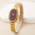 Elegant oval quartz watch with burgundy dial, crystal hour markers and gold metal strap. - Burgundy Dial (5)