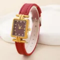 Elegante Damen Quadratische Quarzuhr Rotes Lederarmband Goldgehäuse Schicke Mode Uhr - Rot