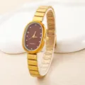 Elegant vintage gold oval quartz watch with brown dial and stylish metal strap for women. - Brown Dial (3)