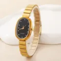 Closeup of elegant gold oval women quartz watch with black rhinestone dial and metal strap. - Black Dial (2)