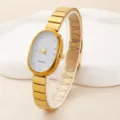 Women's vintage gold oval quartz watch with white crystal dial and metal mesh strap. - White Dial (1)