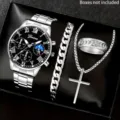 Men 4-piece watch quartz bracelet necklace ring set stylish black dial luxury gift box - 6+Jewelry Set (No Box)