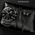 Men black quartz watch set with curb chain bracelet, stainless ring and stylish arrowhead necklace. - Set 5 Without Box