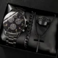 Heren zwarte quartz horloge cadeauset met kruis ketting armband ring mode accessoire - Set 4 (Zonder Doos)