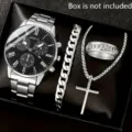 Heren 4-delige kwarts horloge set met Cubaanse ketting kruis ketting en ring sieraden - Stijl 3 + Sieradenset (Zonder Doos)