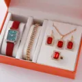 Conjunto de joyas de reloj para mujer correa roja esfera cuadrada caja de regalo - Set 4 (Sin Caja)