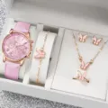 Elegante orologio con cinturino in pelle rosa e set gioielli farfalla collana orecchini. - Stile 16 (Senza Confezione Regalo)