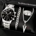 Heren 4-delige horloge set quartz horloge schakelarmband ring pijl ketting zilver zwart - Stijl 2 + Sieradenset (Zonder Doos)