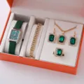 Reloj de cuarzo esfera verde y set regalo joyas cristal con collar pendientes pulsera anillo - Estilo 3 + Conjunto de Accesorios (Sin Caja)