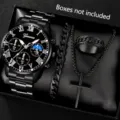 Zwarte heren quartz horloge set met kruis ketting armband en ring in stijlvol vol - Stijl 1 + Sieradenset (Zonder Doos)