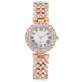 Elegant rose gold rhinestone women quartz watch with white Roman numeral dial and sparkling bracelet - A1