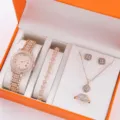 Meraviglioso set regalo di orologio e gioielli in strass oro rosa con bracciale e collana. - Set 5 Pezzi Lusso Oro Rosa (Senza Scatola)