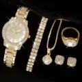 Set di orologi da donna in strass di lusso con braccialetto collana anello e orecchini. - Set Rosa