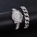 Set orologio quarzo donna strass argento e bracciale maglia cubana, dettagli cristalli lucidi. - Set Orologio e Gioielli con Strass (10) / Set Gioielli (Senza Scatola) / Argento