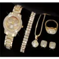 Set di gioielli e orologio dorato in strass di lusso con collana, bracciale, anello e orecchini. - Set 8 (Senza Scatola)