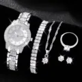 Luxus Strass Uhr und Schmuckset mit silberner Stahlkette, Halskette, Ring und funkelnden Ohrringen. - Stil 3 + Schmuckset (Ohne Box)