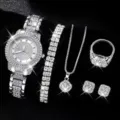 Damen Luxus Strass Uhr Schmuck Set glitzernde Kristall Armband Halskette Ring Ohrringe - Stil 2 + Schmuckset (Ohne Box)