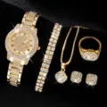 Goldene Strass Uhr und Schmuckset fuer Damen, glaenzende Kristall Uhr mit Accessoires. - Stil 1 + Schmuckset (Ohne Box)