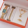 Elegant women jewelry set detail showing square green quartz watch and rhinestone accessories. - Green Square Jewelry Set (3+Set)