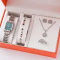 Luxury women watch and jewelry set gift box with square quartz watch bracelet earrings necklace - Silver Square Set (7+Set)