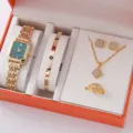 Luxury gold watch bracelet necklace earrings ring gift set for women quartz fashion. - Gold Green Dial Set (6+Set)