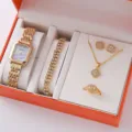 Luxury gold square watch jewelry gift set for women, elegant rhinestone watch necklace and rings. - Black Square Jewelry Set (2+Set)