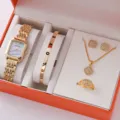 Elegant gold square quartz watch set featuring crystal LOVE bangle, necklace, and earrings. - Gold LOVE Set (5+Set)