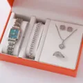 Luxury women quartz watch and jewelry gift set featuring square dial steel strap and diamonds. - Gold Square Jewelry Set (1+Set)