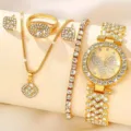 Lusso strass donna orologio gioielli set collana orecchini anello bracciale dorato set. - Set Gioielli 5 Pezzi (44) / Oro