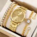 Gold quartz watch set detail showcasing elegant watch dial and sparkling rhinestone bracelets. - 1+ Jewelry Set (Without Box)