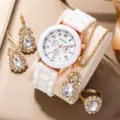 Elegant 4-piece women jewelry set featuring white silicone quartz watch, necklace, earrings, and ring. - 4+ Jewelry Set (Without Box)