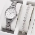Silberne Quarzuhr und Kristall Herz Armband Set für Damen elegante Mode Schmuck - Set 5 mit Schmuck / Silber