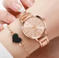Orologio al quarzo oro rosa e set bracciale cuore nero da donna elegante modello chic - Set Orologio Bracciale