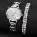 Set orologio al quarzo argentato da donna e bracciale tennis in cristallo elegante moda. - Set Orologio Bracciale