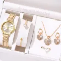 Orologio donna al quarzo con cinturino in acciaio dorato e set gioielli cuore strass. - Set Orologio Gioielli