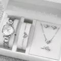 Donna orologio quarzo argento bracciale collana anello orecchini set gioielli regalo - Set Orologio Gioielli