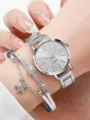 Set orologio donna argento al quarzo e bracciale con stelle, stile elegante e chic. - Set Orologio Bracciale