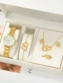 Elegante orologio al quarzo dorato e set di gioielli con cuore scintillante in scatola. - Set Orologio Gioielli