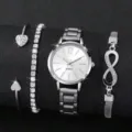 Orologio al quarzo da donna argentato e set di bracciali eleganti con strass. - Set Orologio Bracciale