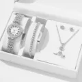 Luxe ensemble de 5 pièces montre quartz strass bracelet collier bague boucles d'oreilles. - Style 6 (Sans boîte cadeau)