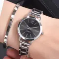 Stunning women quartz watch and matching metal bracelet set with elegant black dial. - Silver Jewelry Set Without Box